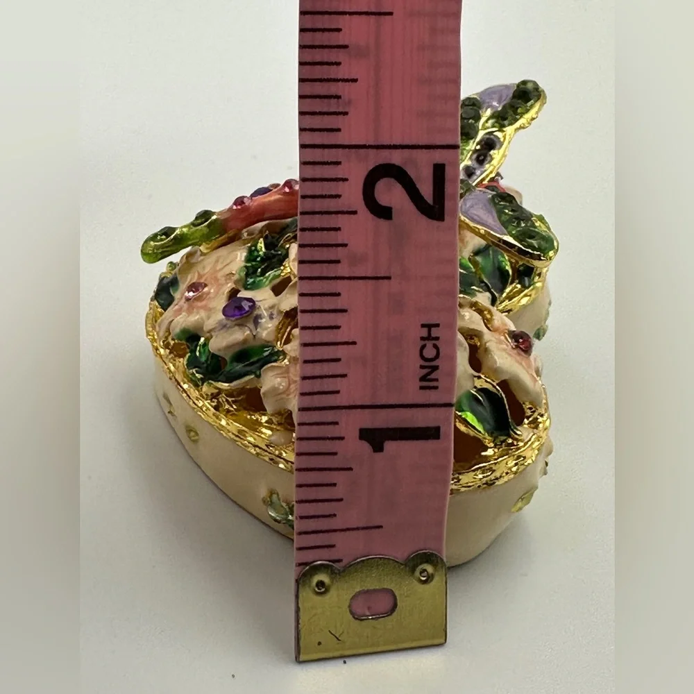 Heart Shape Floral Hinged Trinket Box With Colorful Crystal Jeweled Dragonfly